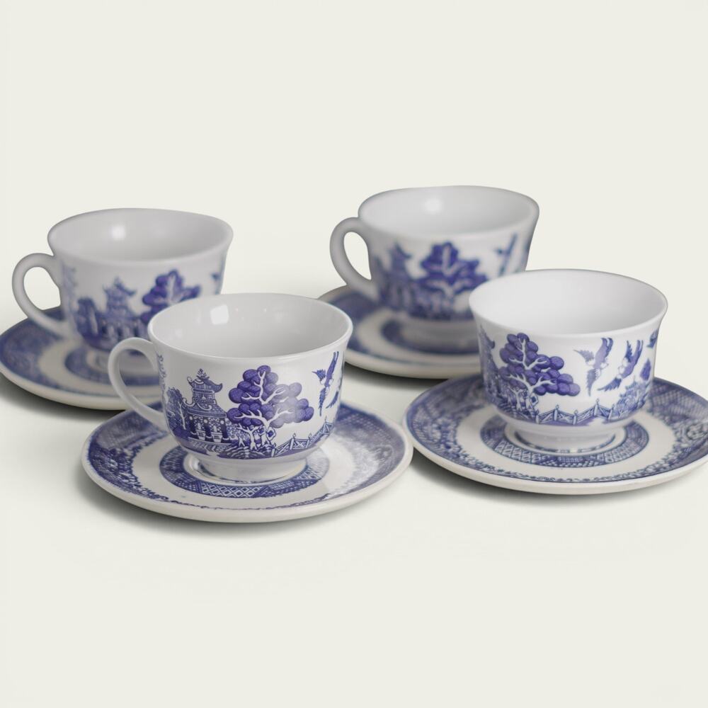 Royal Cuthbertson Blue Willow Demitasse Espresso Cups Saucers Set of 4 China